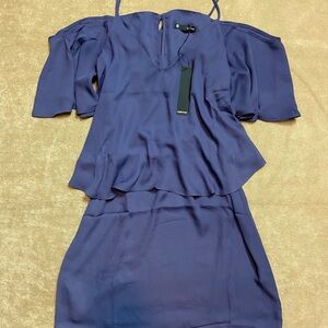 Elegant Slate Blue Peekaboo Shoulder Mini Dress by Krisa by Revolve